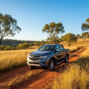 Ford_Ranger_Mazda_BT50_P4AT_Parts_1 - Midland Cylinder Heads Silver pickup truck driving along a dirt road through a sunlit savanna with golden grasses and scattered trees in the background.