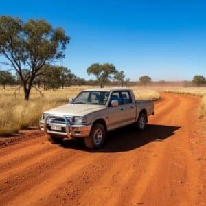 Mitsubishi_Pajero_Triton_4M40_Parts_1 - Midland Cylinder Heads White pickup truck parked on a dusty red dirt road through a dry savannah with scattered trees and a bright blue sky.