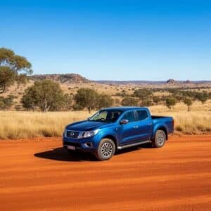Nissan_Navara_NP300_YS23_Cylinder_Heads_1 - Midland Cylinder Heads Blue pickup truck parked on red dirt in a flat desert landscape with sparse trees and distant hills under a clear blue sky.