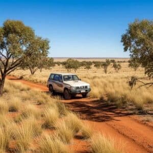 Nissan_Navara_Patrol_ZD30_Parts_1 - Midland Cylinder Heads White suv driving along a dusty red dirt road through an open grassland with scattered trees under a clear blue sky
