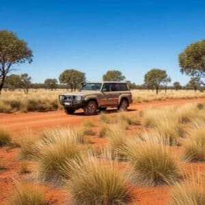 Nissan_Patrol_TB42_Parts_1 - Midland Cylinder Heads Brown off-road suv driving along a dusty red dirt road through dry grasses under a blue sky in a sparse savanna landscape.