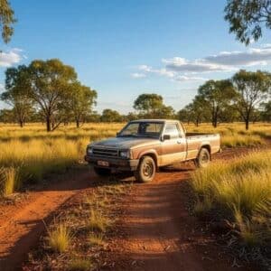 ford-courier-bush-tile-revised_91cf92b7-cfaf-484c-bc5f-4e4308831962_1_1 - Midland Cylinder Heads Beige pickup truck on a dusty red dirt road in a dry grassy landscape with scattered trees under a blue sky.