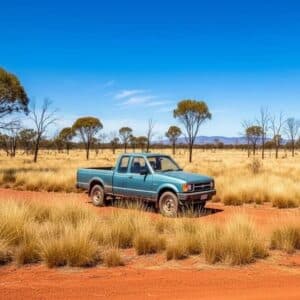 ford-courier-bush-tile-revised_bdd3e139-e76e-4f4e-ad29-dd4d485823ff_1 - Midland Cylinder Heads Blue pickup truck parked on a dusty red dirt road in a dry grassland with scattered trees under a clear blue sky.