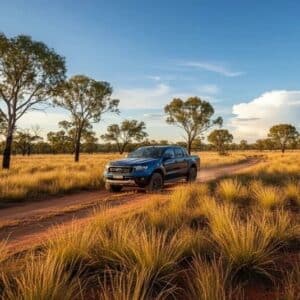 ford-ranger-bush-tile_af645f25-823e-4a06-8b0e-d7a513e269b6_1 - Midland Cylinder Heads Blue pickup truck driving along a dusty dirt road through tall golden grass and scattered trees under a blue sky at sunset.