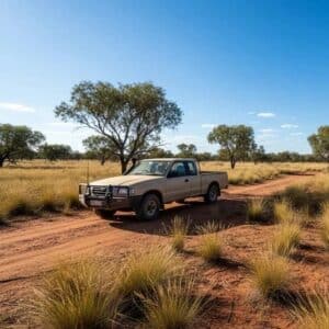 mazda-b2500-wl-t-bush-tile_ac8c1615-0b43-42aa-9a31-bd869b2353a7_1 - Midland Cylinder Heads Beige pickup truck parked on a dirt road in a grassy savanna with scattered trees under a clear blue sky.