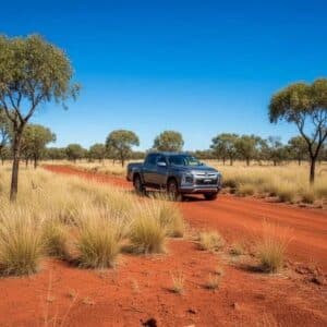 mitsubishi-triton-modern-bush-tile_1bad74a3-f230-4729-86c2-94fea82583e2_1 - Midland Cylinder Heads Silver pickup truck driving along a red dirt road through a dry grassland with scattered trees under a clear blue sky.