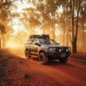my-project-page-1_1 - Midland Cylinder Heads Suv driving through a dusty forest road at sunset with a roof rack on top gear visible