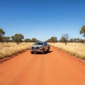 toyota-hilux-bush-tile_c8debbb0-464d-4b96-86e6-9ec8c5ed10a6_1 - Midland Cylinder Heads Silver pickup truck driving along a reddish dirt road through a dry savanna with scattered trees under a clear blue sky.