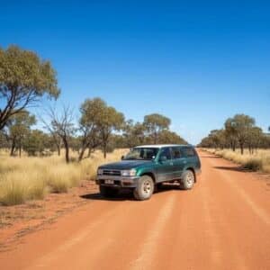 toyota-hilux-surf-bush-tile_1 - Midland Cylinder Heads Green suv parked on a red dirt road in a dry outback with scattered trees and a blue sky.