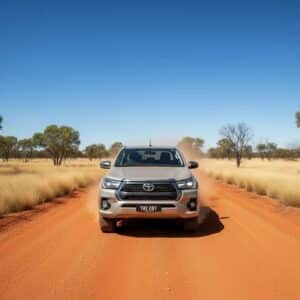 toyota-hilux-surf-bush-tile_153cba6b-f883-40f0-a2e0-029e58797e29 - Midland Cylinder Heads Front view of a silver toyota pickup driving toward the camera on a dusty red dirt road in a dry savanna with sparse trees under a clear blue sky.