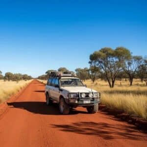 toyota-landcruiser-80-series-bush-tile_1 - Midland Cylinder Heads White off-road suv with a roof rack driving on a red dirt road through a dry savannah under a blue sky.